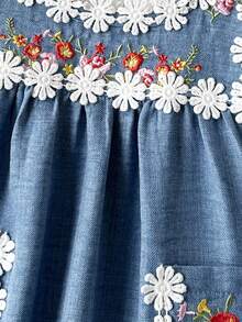 Young Girl Casual Cute Embroidered Pocket Dress - Blue - View 5