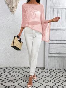Plus Size Women's Asymmetric Design Poncho-Style Knit Top, Suitable For Spring, Summer And Autumn Beach/Holiday Wear Pink - Pink - View 6