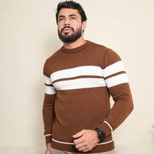 Men's Striped Knit Sweater, Casual Style, Elegant Winter Sweater, Round Neck, Comfortable For Autumn. - 摩卡棕 - 查看 4