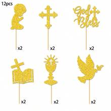 12pcs Paper Cake Decorations - Glitter Doves, Chalice, Bible, Christening, First Communion, Baptism, Baby Shower, Birthday Party Cake Decor - Multicolor - View 10
