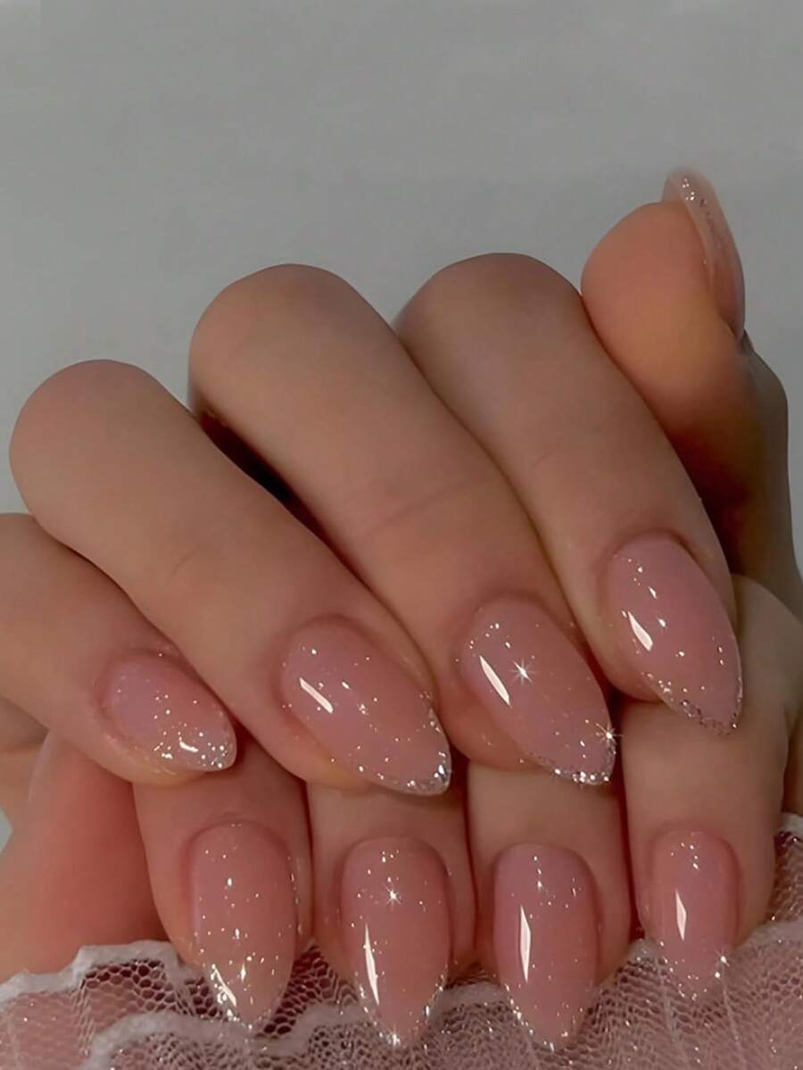 Radiate Charm 24pcs Short Pointed Ice Pink Gradient White French Nail Art Set, Long-Lasting And Durable, Suitable For Parties, Proms And Daily Wear Nails