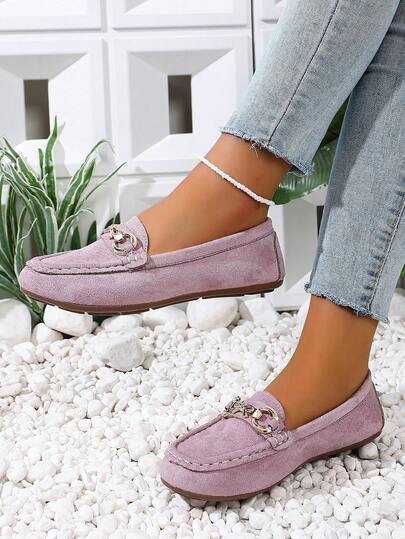 女士夏季新款平底乐福鞋，金属搭扣装饰，时尚百搭，舒适休闲旅行度假鞋