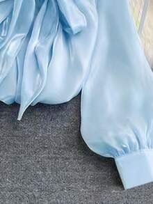 Áo kiểu tay dài cổ tay thắt nơ bằng vải satin, thương hiệu cao cấp Niche Luxury Elegant Women's Clothing, áo hồng lấp lánh mùa xuân. - màu xanh da trời - Xem 5