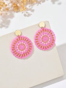 1 Pair Handmade Woven Disc Retro Earrings, Colorful Beaded Bohemian Style Earrings Suitable For Women's Daily Wear (Bead Colors And Positions Are Random Due To Handmade) - Pink - View 3