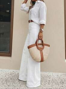 Light Blue Washed Flare Wide Leg Jeans, Relaxed Fit Suitable For Daily Commute Casual White - White - View 3