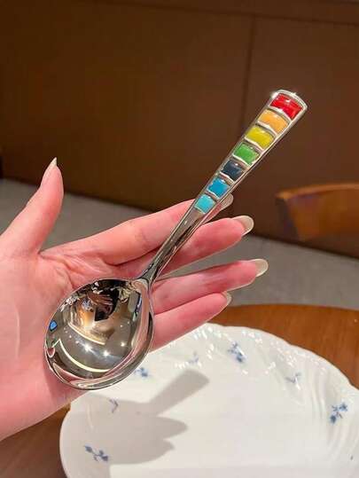 7-Color Enamel Stainless Steel Rainbow Spoon, Round Head Western Dining Soup Spoon, Dessert Spoon, High-End Colorful Enamel Stainless Steel Rainbow Spoon, Household Flatware Breakfast Spoon, 7-Color Enamel Gemstone Round Spoon, Thickened Coffee Milk Spoon, High-End Household Spoon
