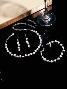 4pcs Elegant Rhinestone & Faux Pearl Jewelry Set - Includes Necklace, Earrings, Bracelet, Suitable For Bride, Wedding, Party - White - View 2