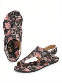 Women's Halloween Skull Rose Print Hook And Loop Design Flat Sandals, European & Middle Eastern Fashion, Casual, Retro Style, Lightweight For Summer, Suitable For Vacation, Home, Office - 彩色 - 查看 10