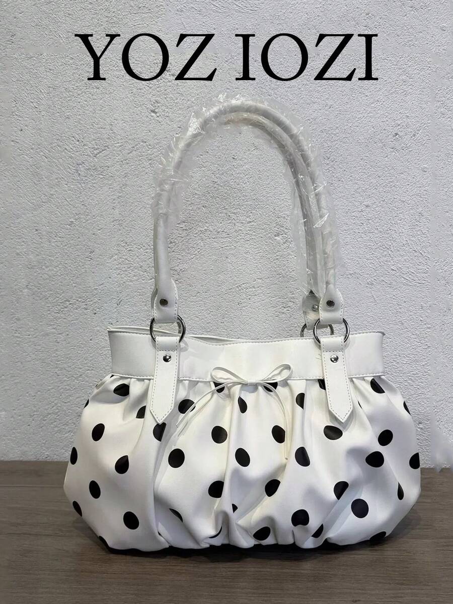 Korean Niche Design Motorcycle Bag, Retro Polka Dot Versatile Fashionable Minimalist Sexy Lady Underarm Shoulder Bag, Stylish For Commuting, Going Out, Daily Work - White - View 1