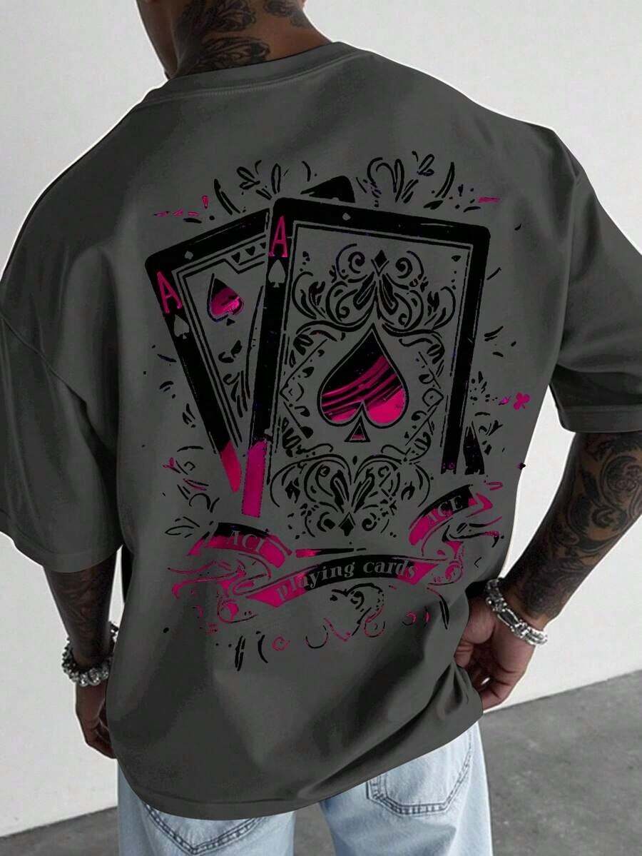 Manfinity Roughcore Men's Casual Short Sleeve Crew Neck T-Shirt With Creative And Versatile Playing Card Graphic Design - Grey - View 1