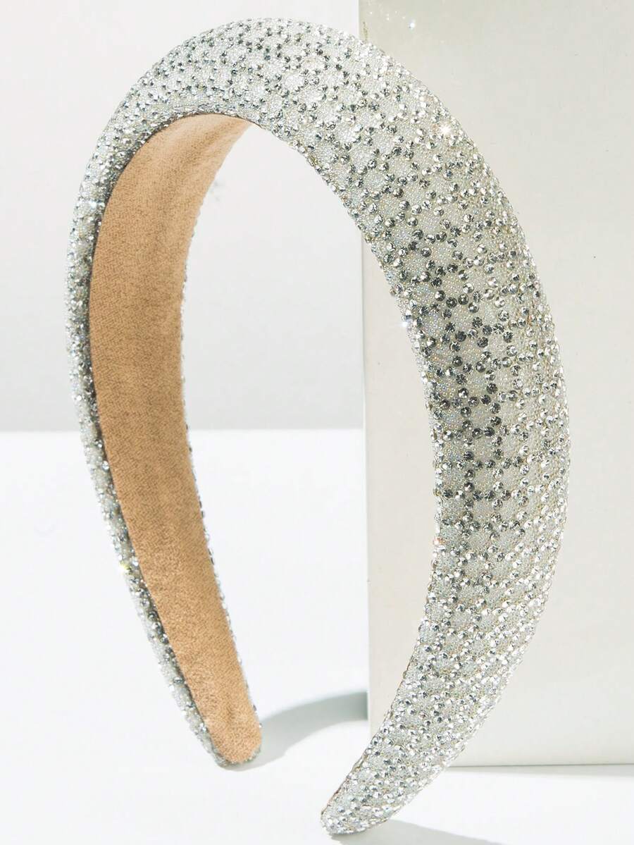 1 pieza Diadema ancha elegante con patrón geométrico de unicolor y brillantes, accesorio de cabello para uso diario, festivales y fiestas - Blanco - Ver 1