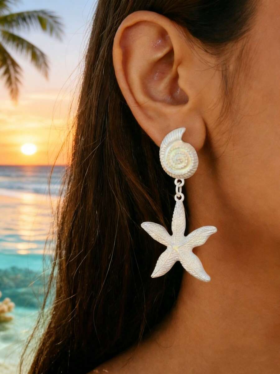 1 Pasang Anting-Anting Gaya Liburan Pantai Modis dan Serbaguna dengan Motif Kerang & Bintang Laut Asimetris dari Logam, Cocok untuk Pakaian Sehari-hari dan Aksesori Pesta