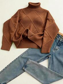 Plus Size Solid Color Turtleneck Long Sleeve Sweater, Autumn/Winter - Brown - View 4