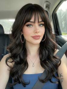 20 Inch Long Wavy Wig With Meidum Part Bangs For Women, Ombre Dark Brown Synthetic Hair, Heat Resistant Natural Looking Fake Hair For Daily Party Cosplay - Chocolate Brown - View 2