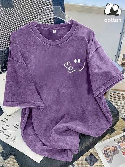 Vintage Washed Cotton Loose-Fit T-Hirt, Cute  Face And Heart Print, Women's Casual Treet Tyle Hort-Leeve Top, Wrinkle-Resistant Washed Cotton T-Hirt Vintage Tyle
