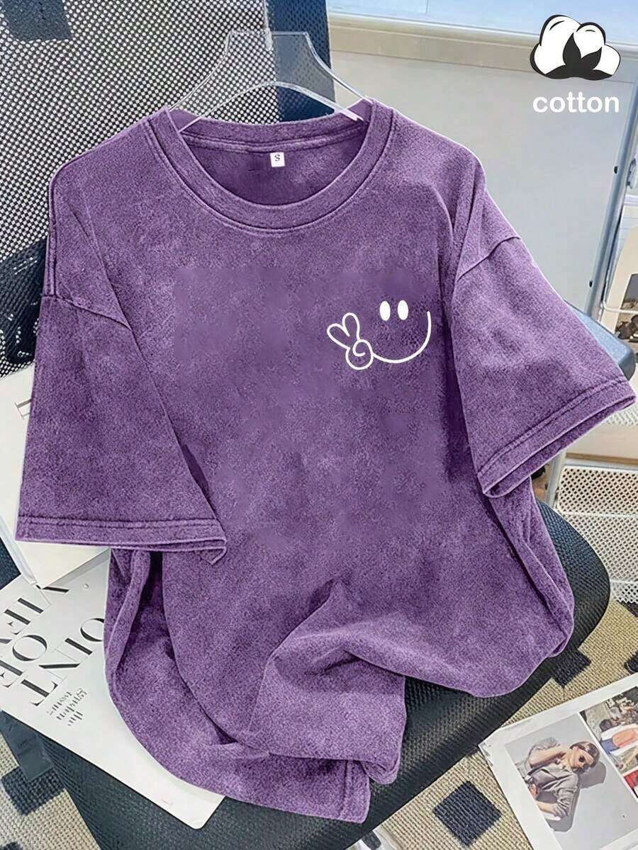 Vintage Washed Cotton Loose-Fit T-Hirt, Cute Face And Heart Print, Women's Casual Treet Tyle Hort-Leeve Top, Wrinkle-Resistant Washed Cotton T-Hirt Vintage Tyle - Màu tím - Xem 1