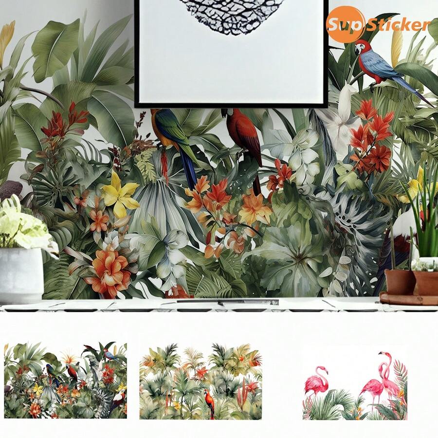 2Pcs Tropical Jungle Plant Parrot Peel & Stick Waterproof PVC Wall Decals Removable 12.78x18.62in For Bedroom Living Room DIY Decor - 2pcs - View 1