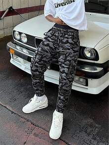 男士嘻哈风黑灰迷彩工装裤，锥形裤腿多口袋休闲裤，美式街头时尚 - 彩色 - 查看 2