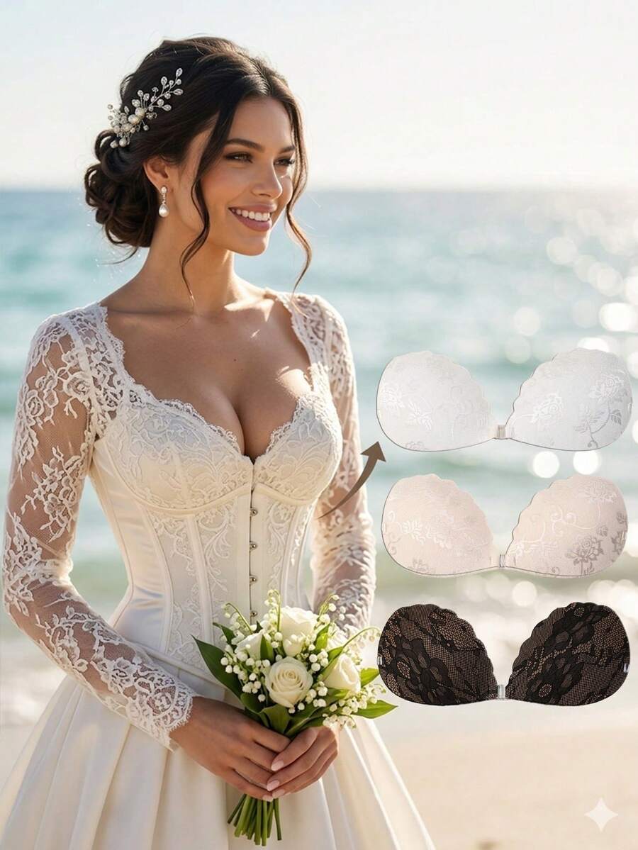 三件装蕾丝乳贴，隐形无痕聚拢文胸（白色/裸色/黑色），完美搭配婚纱、沙滩婚礼、蜜月礼服，打造舒适迷人的新娘造型 - 彩色 - 查看 1