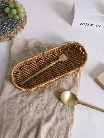 1 pieza Cesta de almacenamiento ovalada estilo bohemio tejida a mano, bandeja de utensilios de fibra natural tejida, organizador multiusos para cocina, tocador y decoración del hogar de verano