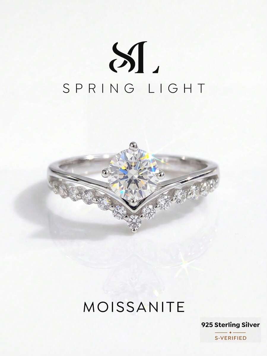 1枚精美0.5克拉莫桑石四爪V形925纯银结婚订婚戒指，适合作为订婚戒指、女友周年纪念礼物或新娘首饰。 - 銀色 - 查看 1