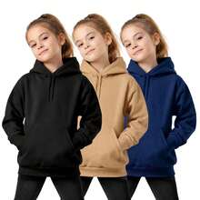 Set Of 3 Girls' Fleece-Lined Comfortable Hoodies - Đen, be và xanh hải quân - Xem 15