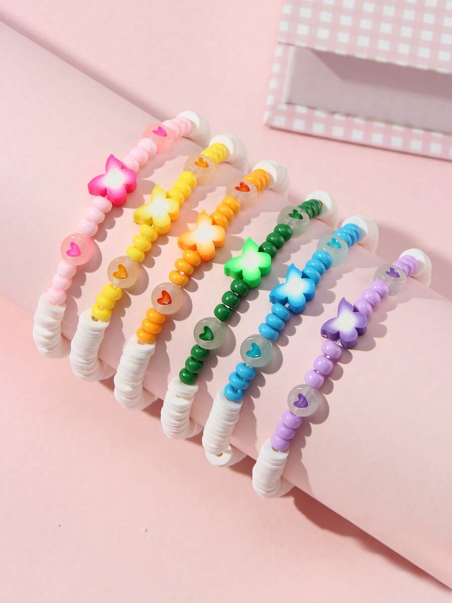 6 Stücke/Set Mädchen süße Schmetterling & Herz Glasperlen Armband Set, geeignet für Schule, Festivals, Geschenke für beste Freundinnen - Verschiedenfarbig - Übersicht 1