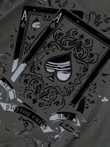 Manfinity Roughcore Men's Casual Short Sleeve Crew Neck T-Shirt With Creative And Versatile Playing Card Graphic Design - 中紫紅色 - 查看 4