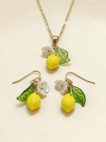一套清新可爱的树脂柠檬花吊坠耳环项链首饰套装，甜美首饰礼品，适合女性日常佩戴 - 套裝 - 查看 3