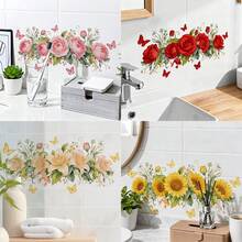 1/4pcsWatercolor Floral Wall Stickers, Decorated With Floral And Butterfly Patterns. Removable, Self-Adhesive, And Waterproof. Suitable For Bathrooms, Sinks, Bathtubs, Cabinets, And Home Decor. - Floral Wall Sticker - View 6