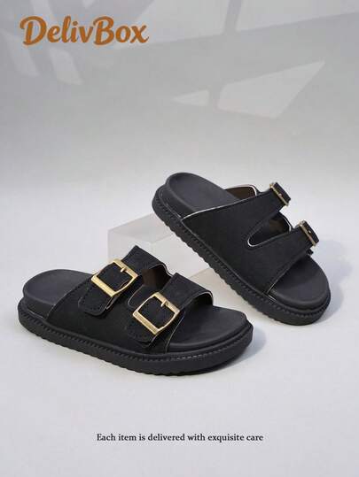 1 par de sandalias de niña con hebilla de metal negra de doble correa, parte superior tipo tela, decoración de hebilla de metal, punta abierta, suela plana y gruesa, estilo casual retro, adecuado para la escuela diaria y paseos al aire libre los fines de semana