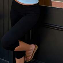 Y2K White Foldover Waist Capri Leggings Women Stretchy Slim Fit Cropped Pants Streetwear - màu đen - Xem 2