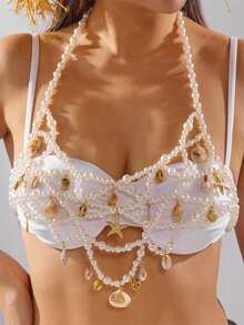 1件夏季贝壳珍珠串珠胸链，适合女士海滩度假穿着 - 白色 - 查看 2