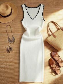 Ellegaria. New Luxury Fashionable Color Block V-Neck Minimalist Elegant Women's Dress, Summer New Design Color Contrast Sleeveless Fitted Knit Camisole Dress, Feminine Sexy Daily Commute Slimming Bodycon Dress - 黑與白 - 查看 3