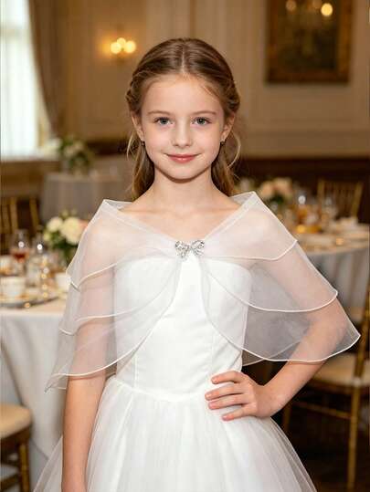 1pc Lightweight Sheer Chiffon Shawl With Rhinestone Bow Decor And Ruffle Trim, Suitable For Flower Girls And Formal Occasions