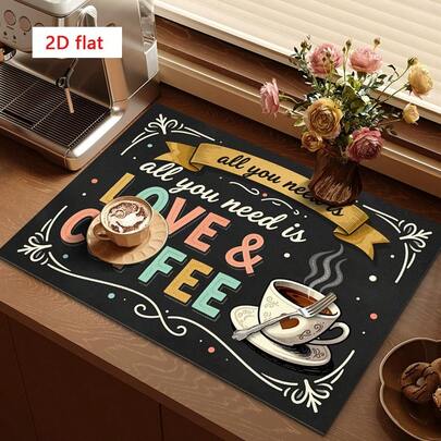 1 tấm lót để làm khô dao nĩa, tấm lót máy pha cà phê, họa tiết chữ cái nhiều màu sắc trên nền đen, thấm hút cao, thích hợp cho bàn ăn và quán cà phê, thảm thoát nước đa năng, quà tặng gia đình, vật trang trí bàn làm việc.