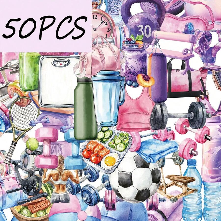 SCXXBSW 50 pièces Autocollants de la série thème Fitness, convient pour la décoration DIY de cahiers, journaux, casques, autocollants PET imperméables - Multicolore - Voir 1
