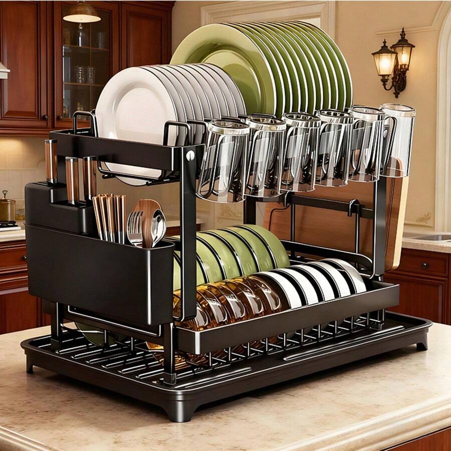 2 Tier Dish Drying Rack, Foldable Dish Drainer Metal Utensil Holder Drainage Space-Saving Drain Racks Are Suitable For Use In Women's Apartment Kitchens - Black - View 1