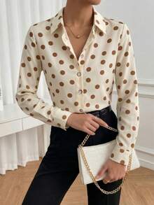 YUXIN Áo sơ mi nữ cổ bẻ in chấm bi cổ điển, cài cúc, nhẹ, thoải mái, tay dài, thích hợp mặc hàng ngày mùa xuân hè. - Màu Khaki - Xem 4