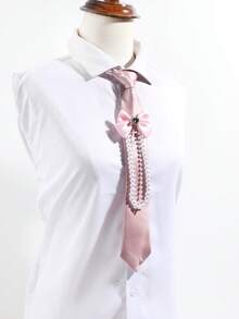 1pc Women's Fashion Bow Tie Cross Faux Pearl Chain Pink Simple Clip-On Tie, Suitable For Dates, Shopping, Parties, Daily Shirt Matching,Festival,Travel,Disco,Graduation Outfit - Multicolor - View 4