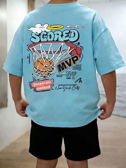 1 件蓝色休闲篮球印花短袖 T 恤，适合青少年男孩夏季穿着，年轻学生服装