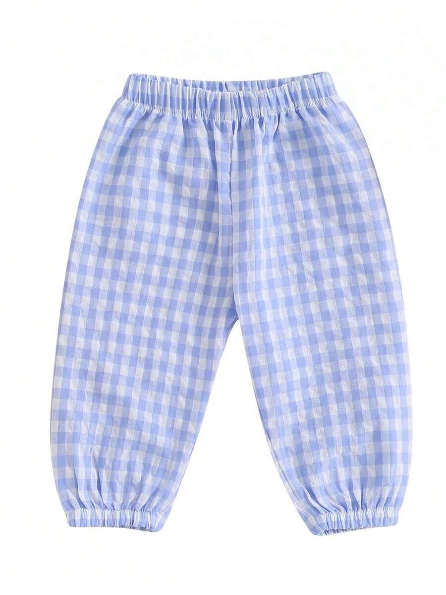 Pantalones largos a cuadros para niños y niñas pequeños con cintura elástica, adorables y casuales. - Azul - Ver 1