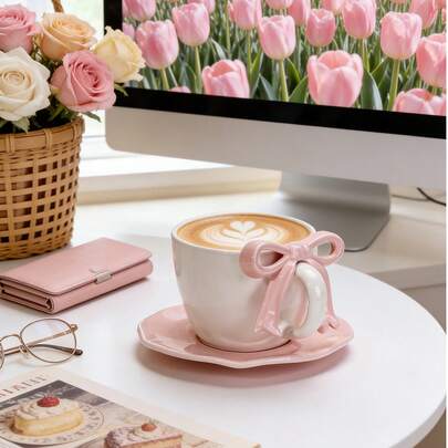 1 Set Of Handcrafted Ceramic Teacup And Saucer Sets With Bow Designs, Perfect As Elegant Table Decorations For Restaurants, Cafes, Kitchens, Offices, Outdoor Occasions, Parties And Afternoon Tea; An Ideal Gift For Mother's Day