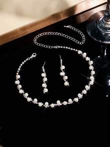 4pcs Elegant Rhinestone & Faux Pearl Jewelry Set - Includes Necklace, Earrings, Bracelet, Suitable For Bride, Wedding, Party - White - View 3
