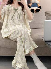 2pcs Women's Sleepwear Set, French Countryside Style, Summer Breathable Round Neck Short Sleeve Capri Pants Floral Homewear With Chest Pads - Apricot - View 4
