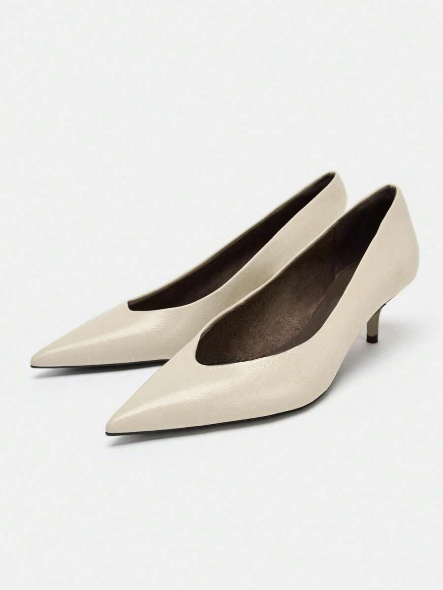 Women's Kitten Heel Leather Pointed Toe Mule Shoes - Beige - View 1