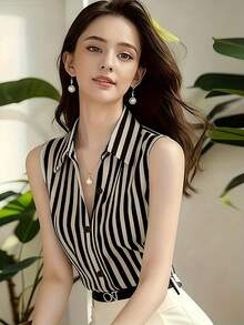 1pc Unique And Beautiful Sleeveless Striped Shirt, With French High-End Style, Perfect For Summer Wear, French Girl Style - Black - View 1