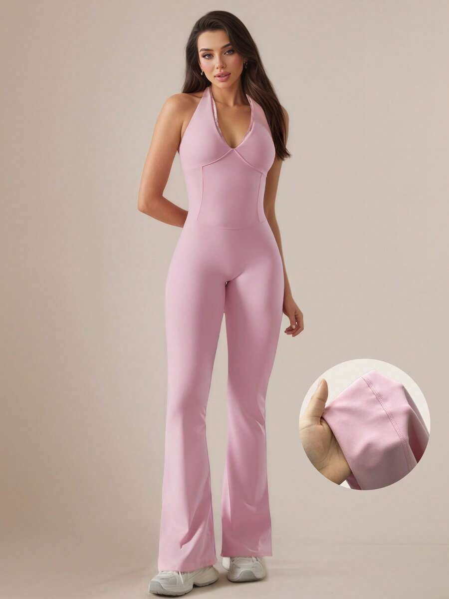YZMJAFU Women's Flare Jumpsuit, Butt-Lifting Sports Jumpsuit, V-Neck Backless Wide Leg Jumpsuit, Spring/Summer Women's Clothing - Pink - View 1