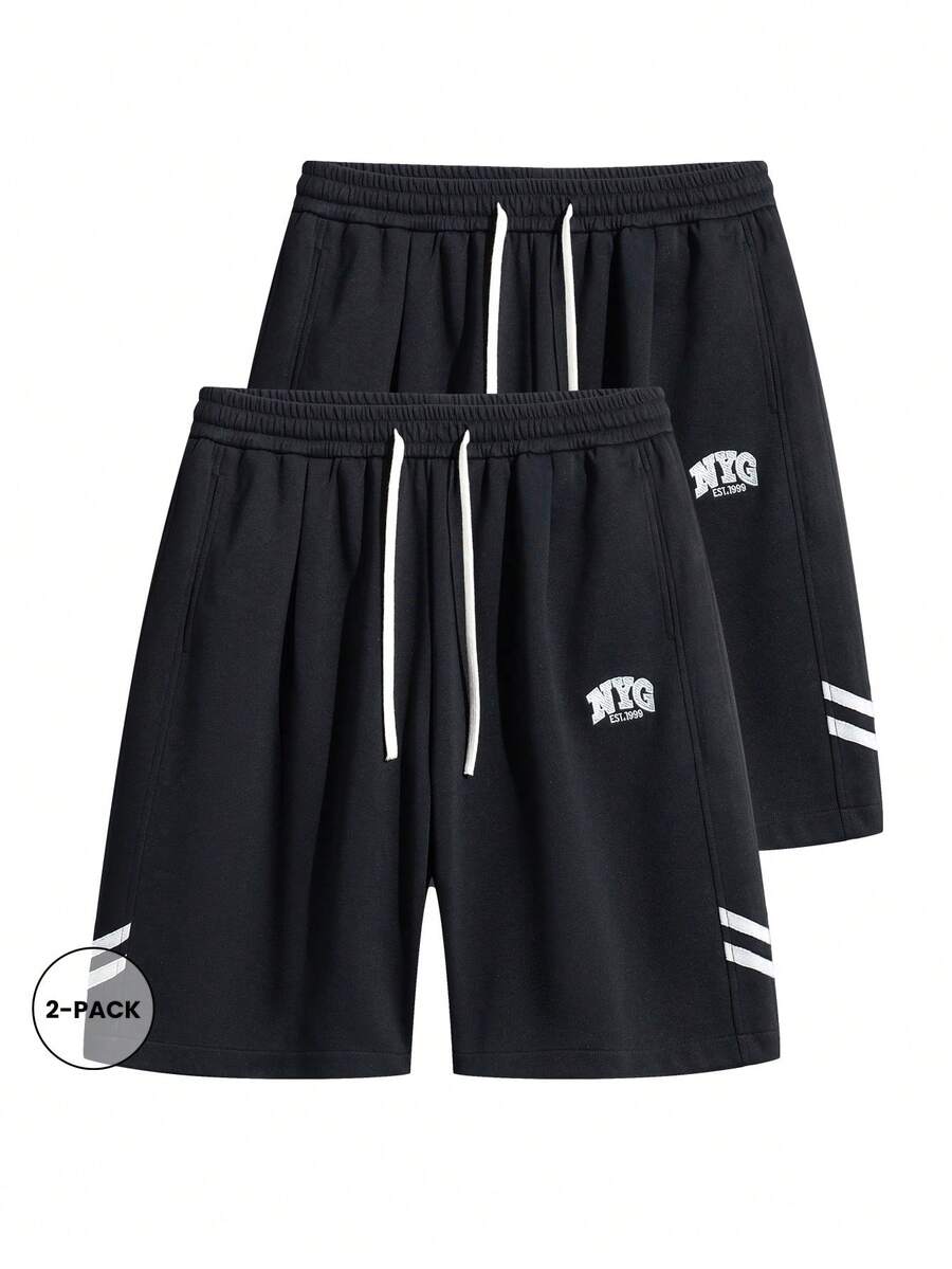 2pcs Plus Size Embroidered Straight Leg Casual Loose Shorts - Black - View 1