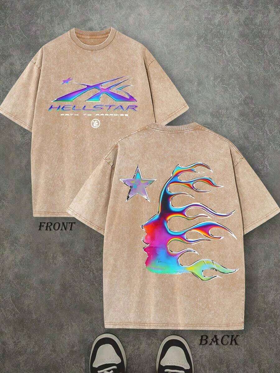Men's Oversized Washed Graphic T-Shirt Hell Flame Star Silver Print Vintage Streetwear Tee | Exquisite Design |   Loose And Comfortable |   Easy To Match | - 咖啡 2 - 查看 1